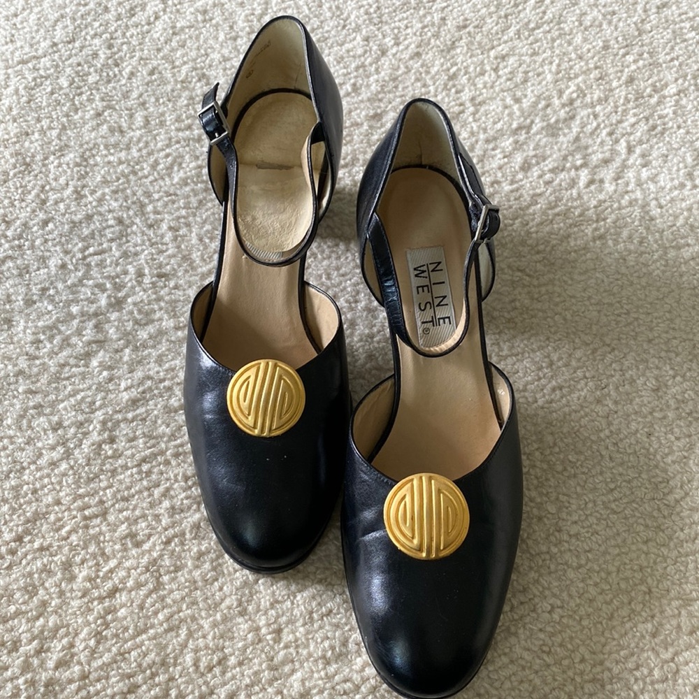 Nine West Block Heel Black with Gold Emblem  Vintage Heels
